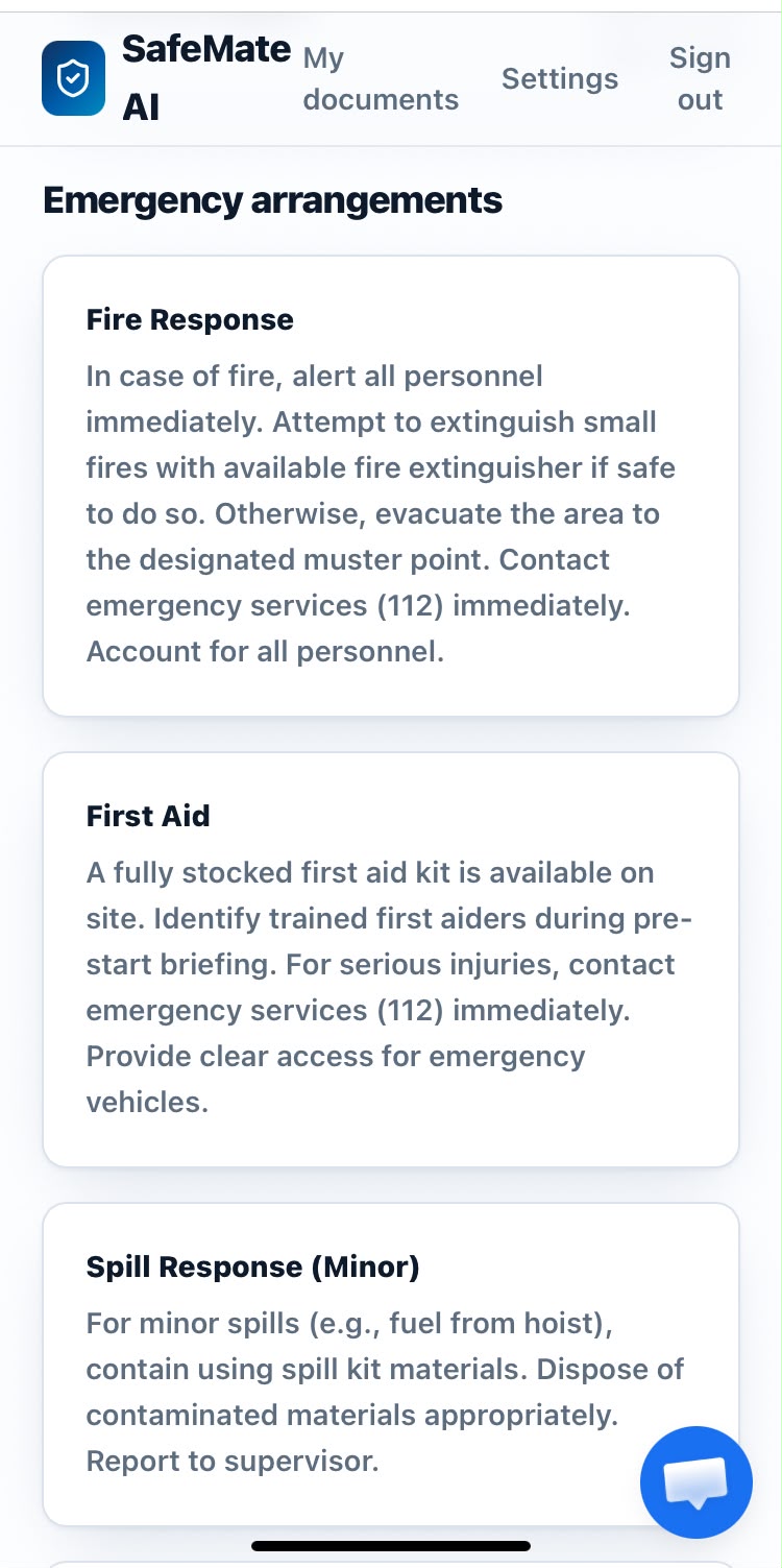 SafeMate risk assessment showing Fire Response, First Aid, and Spill Response emergency arrangement cards