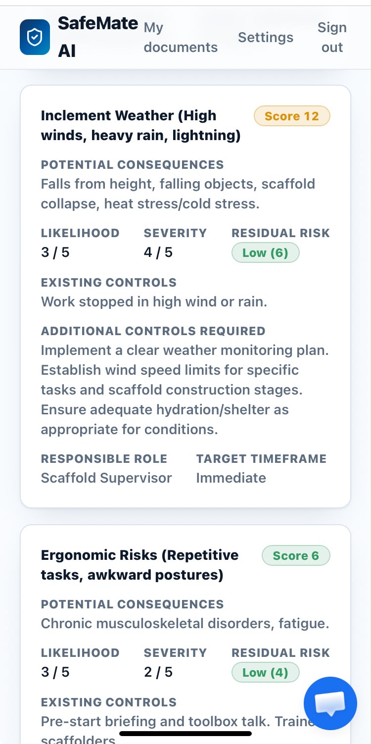 SafeMate risk assessment showing Inclement Weather and Ergonomic Risks hazard cards