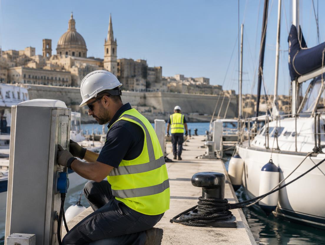 Marina worker carrying out a safety inspection in Malta