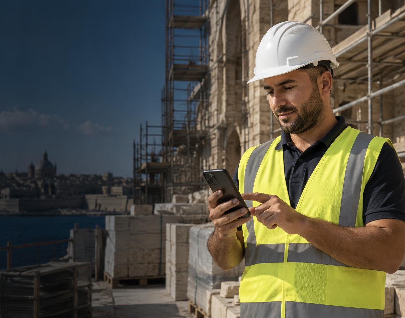 Construction worker in high-visibility clothing using SafeMate on a phone
